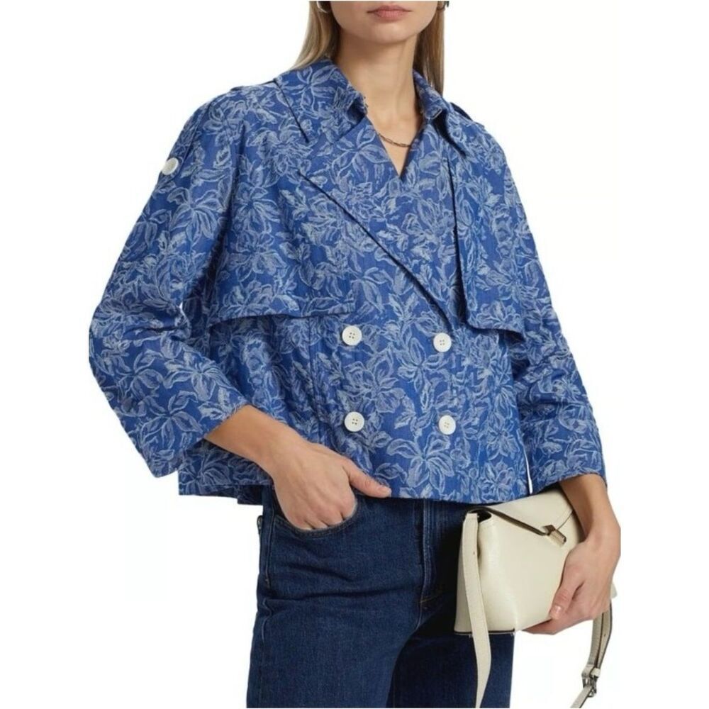 Derek Lam 10 Crosby Elijah Floral Cotton Blend Blue Double-Breasted Crop Jacket
